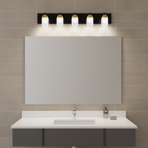 LIVEELUMAW Lampe de miroir de salle de bain à 5 lumières en verre noir, éclairage LED moderne pour salle de bain, intensité réglable, montage en surface, 110V - Product Image 2