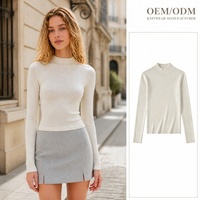 Pull en maille à col montant ajusté pour femme, manches longues, couleur unie douce, pull décontracté, nouvelle collection automne-hiver