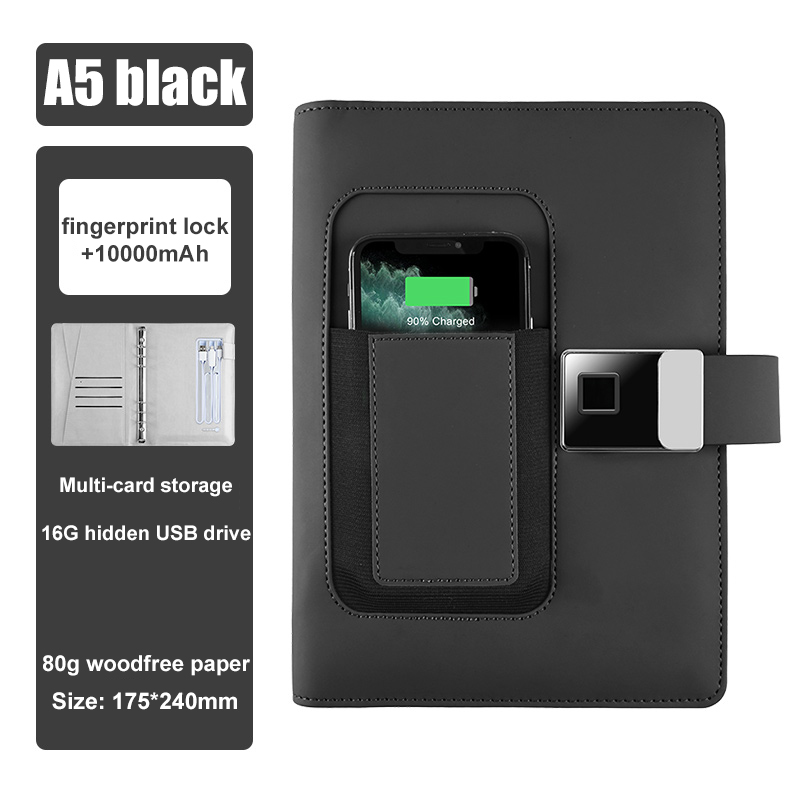 Negro + cerradura de la huella dactilar + 10000mAh + 16GB