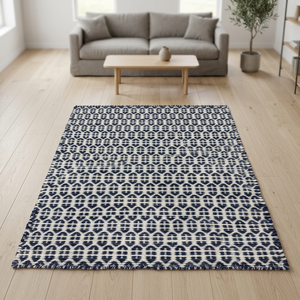 “Handwoven Indigo Navy & <b>Ivory</b> Geometric Diamond Dhurrie <b>Rug</b> – Boho Modern Floor Carpet for Living Room & Bedroom - Product Image 3
