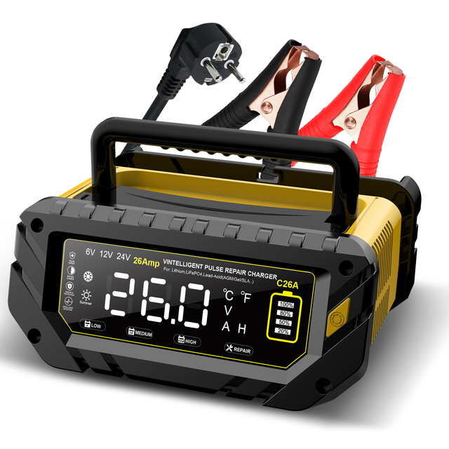 Portable 12V/26A 24V/13A Fully Automatic Battery Charger for Car AGM Gel Wet Lead Acid SLA LiFePo4 Battery Pulse Repair Charging