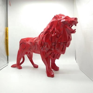 Scultura Animale in Argento, Statua di Leone Placcata Oro, Scultura con Pittura Colorata Rossa e Blu, Scultura Geometrica di Leone, Scultura Pop Art - Product Image 6