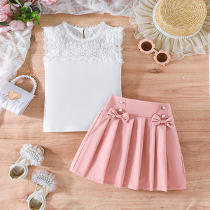 ชุดเดรสเด็กผู้หญิงแขนกุดสองชิ้น น่ารัก สวยสง่า สำหรับเด็กอายุ 4-8 ปี แฟชั่นฤดูร้อน พร้อมโบว์สองอันและลูกไม้ - Product Image 3