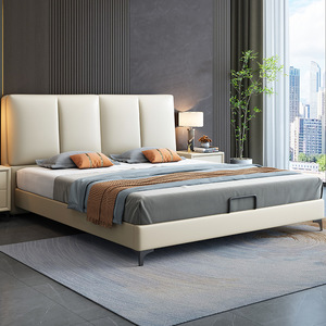 เตียงจัดเก็บของทำจากหนังครีมทันสมัยดีไซน์เรียบง่ายเตียงแต่งงานนุ่มสองชั้นสำหรับห้องนอนอพาร์ทเมนต์ขนาดเล็ก - Product Image 1