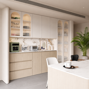 Luxuriöses Japandi Sideboard in Creme & <span class=keywords><strong>Eiche</strong></span> mit Radialer R-Ecke & Gewölbten Gerillten Glastüren Integrierter Vorratsschrank für Villen - Product Image 2