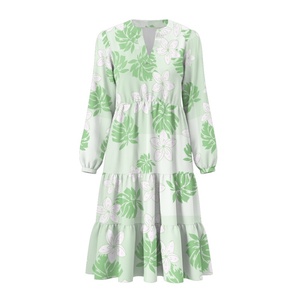 Stile vacanza isola hawaiana ibisco <span class=keywords><strong>Ulu</strong></span> foglie Design stampa personalizzata con scollo a V in vita Patchwork abiti a maniche lunghe donna - Product Image 4