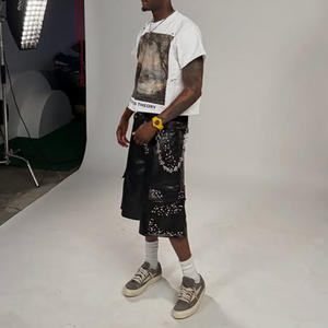 Роскошный изготовленный на заказ цепочка до колен кармашек негабаритный материал из искусственной кожи водонепроницаемый горный хрусталь толстый тяжелый стек шорты - Product Image 2