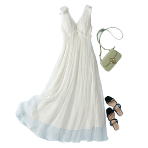 Vestido de Verano Maxi de Gasa Blanca con Cuello en V, Cintura Imperio, Plisado, Sin Mangas, Corte A y Holgado, Liso - Product Image 4
