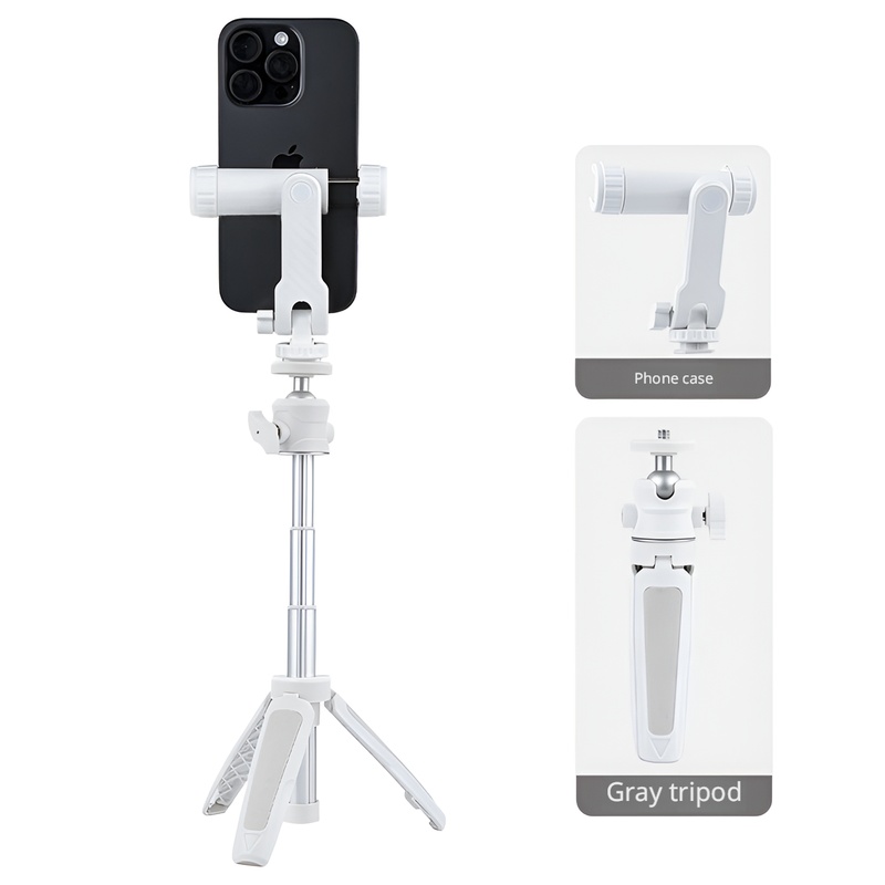 Trépied à tige extensible gris-blanc + support pour téléphone