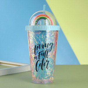 Double Walled Plastic Straw Cup Colorful Gold Thread Rainbow Design Portable Water Bottle For Students Back To School - Product Image 4