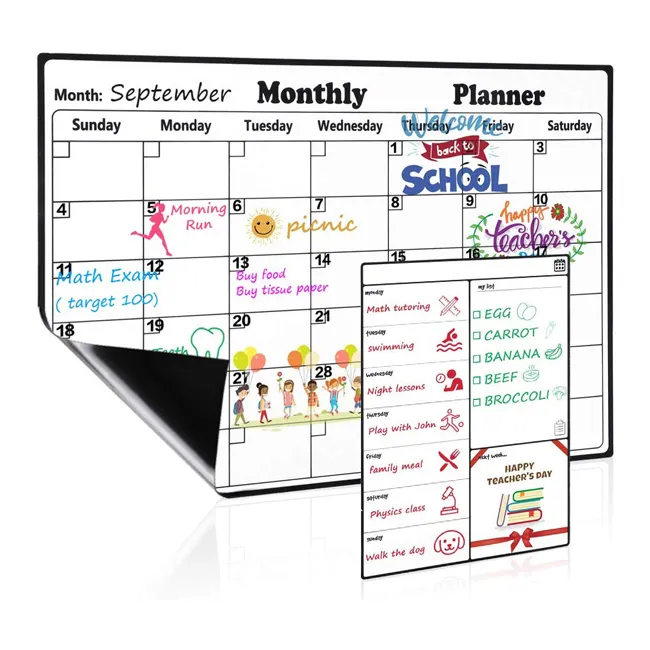 Vente chaude facile effaçable à sec effaçable calendrier mural planificateur mensuel calendrier de tableau blanc magnétique pour réfrigérateur