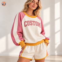 Ensemble décontracté pour femme : Sweat-shirt et short athleisure rose colorblock avec broderie lettres et bordure contrastante, cordon de serrage