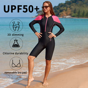 Womens Long Sleeve Color Block Front Zip One Piece Swimsuit with Removable Pads Quick Dry Rash Guard <b>Swimwear</b> - Product Image 2