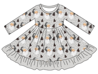 Meilleure vente Robe de Noël à manches longues imprimée Père Noël pour filles jupe évasée à volants pour enfants vêtements en bambou très doux