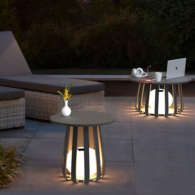 Smart Modern White Side Table with LED Color-Changing Light Wireless Charging & Remote Control for Living Room Office Garden Use