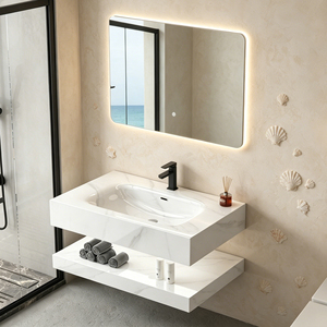 Meuble de salle de bain moderne flottant à double niveau en marbre avec plan de travail en pierre frittée, vasque en céramique et <span class=keywords><strong>miroir</strong></span> LED <span class=keywords><strong>pour</strong></span> villa - Product Image 1