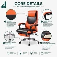 Chaise de bureau ergonomique moderne à dossier haut réglable en cuir, base en acier, repose-pieds, chaise de jeu orthopédique pour le bureau et la maison