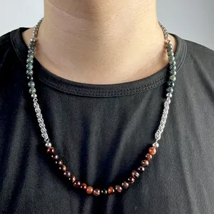 Set kalung manik-manik batu alam pria, kalung Obsidian manik-manik retro trendi