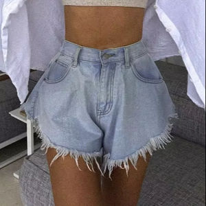 Pantalones cortos de mezclilla para mujer con cintura Mig Primavera Verano Pantalones cortos de empalme con agujeros de mezclilla Sexy Club Loose Tassel Booty Shorts - Product Image 1