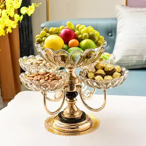 Bandeja decorativa moderna redonda, 2 e 3 camadas, de vidro, frutas, suporte de cobre, placa de doce em cristal, rotatória de 360 graus, placa de fruta