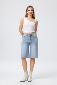 Shorts in Denim a Vita Alta con Dettagli Rivettati, Design Asimmetrico, Stile Casual Estivo in Cotone - Product Image 3