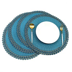 Stock Ready stile americano treccia resistente al calore in polipropilene tappetini intrecciati verde acqua tovaglietta oro per accessori da tavolo cucina - Product Image 1