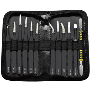 Juego de pinzas de acero inoxidable exclusivas para trabajo transfronterizo, juego de 12 piezas ESD antiestático negro, bolsa de herramientas para reparación de teléfonos móviles - Product Image 4