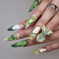 Ongles à presser en acrylique, forme amande, à talon moyen, motif fleur 3D et papillon en dentelle, vert forêt jaune printanier, vente en gros, personnalisables