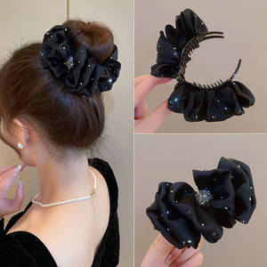 Black <b>bow</b> bun hair <b>clip</b>, new style, women's hairpin, high ponytail hair accessory. - Product Image 1