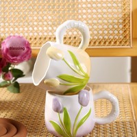 Tasse à café en céramique Tulip, écologique, dessin animé mignon, couleur bonbon, style en relief, poignée, emballage en boîte de couleur, haute qualité, usage domestique