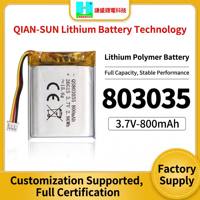 Batteries polymères Lipo ODM de taille personnalisée, pochette de batterie lithium-ion rechargeable 3,7 V 803035 802540 800 mAh pour jouets