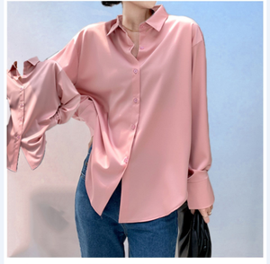 Camicia di raso <span class=keywords><strong>donna</strong></span> <span class=keywords><strong>autunno</strong></span> <span class=keywords><strong>inverno</strong></span> colore puro Design femminile camicia con fondo a maniche lunghe in seta - Product Image 5