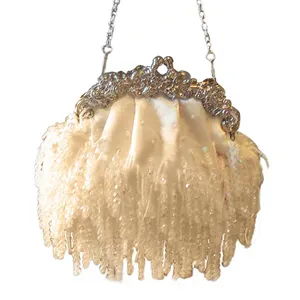 Lady's vintage tassel silk satin handmade beaded embroidery Bridal portable dinner bag