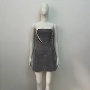 PDEP 2023 gaun mini pendek tanpa tali seksi berlian penuh berkilau gaun berlian imitasi klub pesta ulang tahun wanita