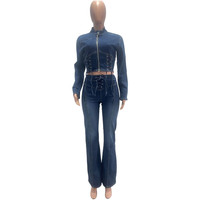 Ensemble de tenue streetwear d'automne pour femmes sexy, veste courte à lacets et fermeture éclair et pantalon, ensemble en denim décontracté deux pièces