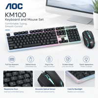Kit Clavier Souris AOC KM100 Filaire USB 104 Touches ABS Rétroéclairé OEM Vente en Gros Prêt à Expédier pour Café et Entreprises