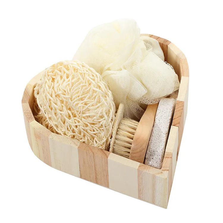 Natural Spa Set Box Bath Body Accessories Gift Set Wood Heart Box Wellness Bath Accessory Set