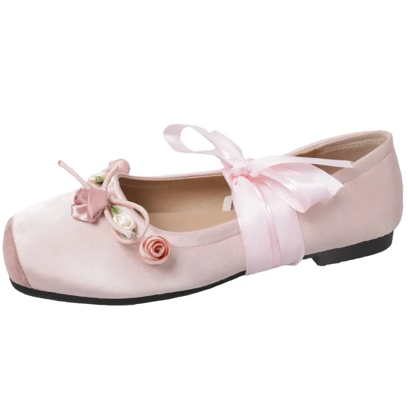 Nueva boca ligera Rosa Cabeza Cuadrada primavera otoño zapatos de ballet pequeño fragante francés Mary Jane zapatos de punta plana solo zapato de mujer