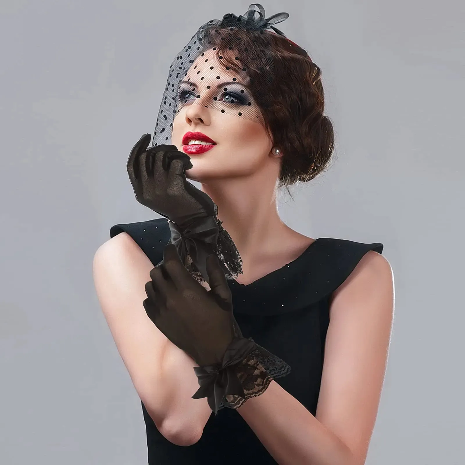 2024 Lace Mesh Ladies Wrist Gloves Tulle Wedding Bride Gloves ivory black Bow Ruffle women Full Finger Gloves