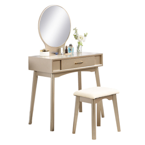 Maly Modern Oak Vanity and Stool Set with Lighted <b>Mirror</b> Gold Finish for Bedroom & Living Room - Product Image 6