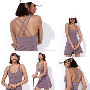 2022 נשים ספורט כדורעף בדמינטון צלב Y בחזרה שתי חתיכות להגדיר שמלה + מכנסיים קצרים מוצק צבע יוגה כושר שמלת חליפות - Product Image 6