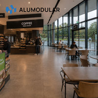 Bâtiment modulaire pour aire de repos routière, structure en acier, revêtement en aluminium, aménagement personnalisé, clé en main, assemblage rapide, infrastructure