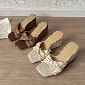 Brown Casual White Style Wedge Resort <b>Sandals</b> Open Toe Flat <b>Sandals</b> for Women Outdoor Woven Versatile Square Toe Retro - Product Image 1