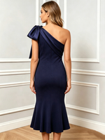 Robe sirène mi-longue sur mesure à une épaule avec nœud en satin pour la vente en gros