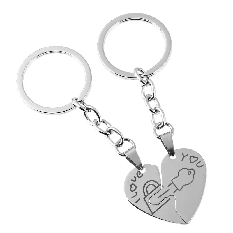 Wholesale fashion heart shape Laser carving key and lock i love you romantic gift jewelry stainless steel keychain key rings