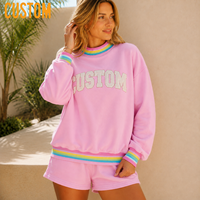 Ensemble décontracté deux pièces pour femme : Sweat-shirt oversize col rond et short, avec broderie appliquée côtelée arc-en-ciel – Vente en gros