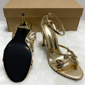 Sandalias de Tacón Alto con Decoración de Hojas Doradas para <span class=keywords><strong>Mujer</strong></span>, Elegantes Sandalias Metálicas con Tiras y Tacón de Aguja para Fiesta, Sandalias de Vestir de Noche Lujosas - Product Image 1