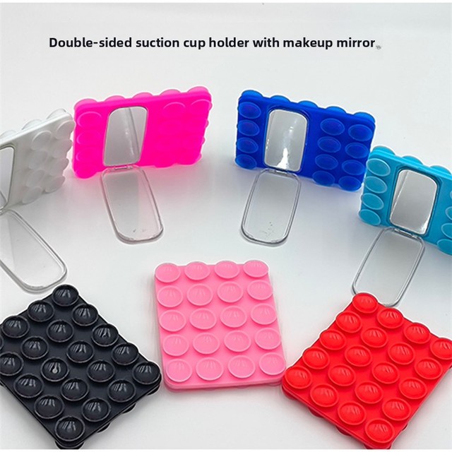 Portable Silicone Grip Cell Phone Holder with Cosmetic Mirror Height Adjustable Suction Cup Mount for Desk Use