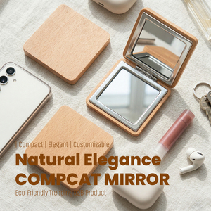 Espejo Compacto Cuadrado de Madera de Haya Natural Ecológica de 60x60 mm, Marco de Metal Plateado, Espejo de Bolsillo de Doble Cara con Cristal HD - Product Image 1