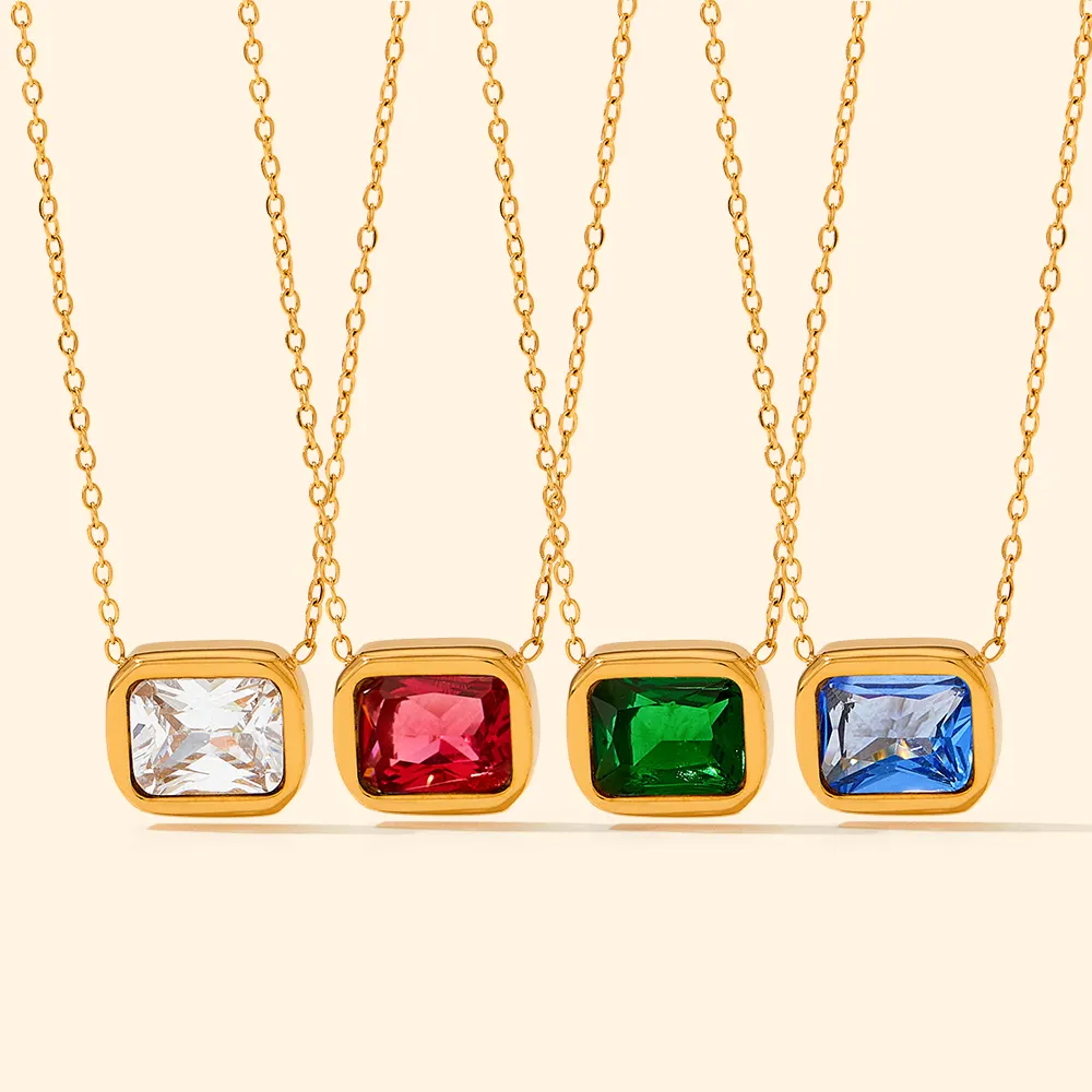 18k Gold Plated Stainless Steel Cable Chain Jewelry Green Cubic Zirconia Rectangle Pendant Necklace